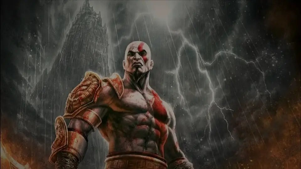 Kratos raising the head of Helios, key art from God of War III Remastered